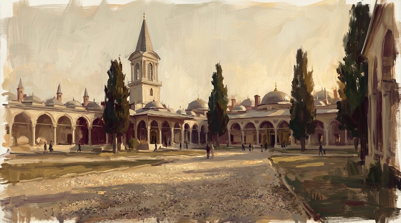 Impressionistic view of a Topkapı Palace courtyard, the pointed Tower of Justice rising above pale walls and dark cypress trees in soft morning light.