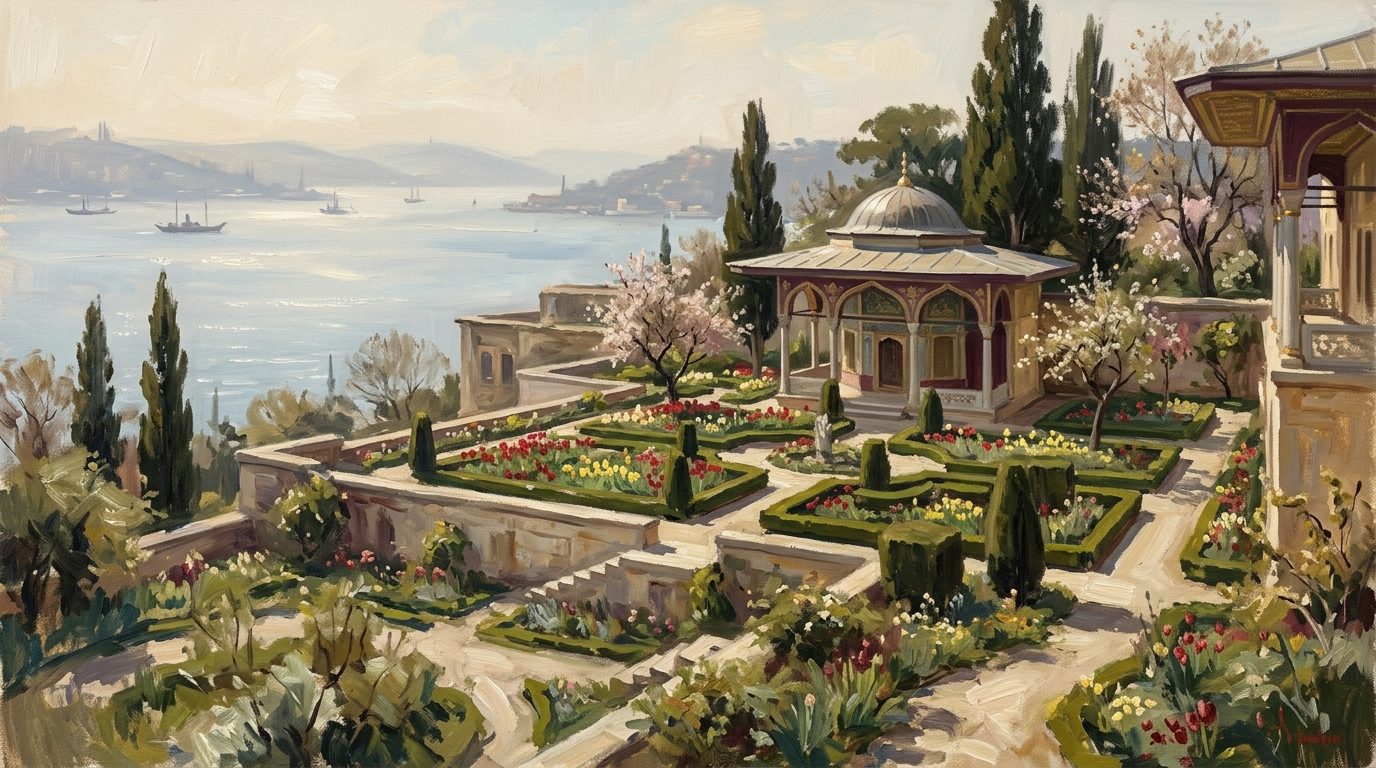 Impressionistic spring garden with red tulips, dark cypresses and a domed Ottoman garden pavilion glowing in soft light.