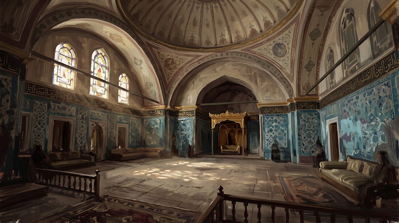 An impressionistic view of the Harem's domed Imperial Hall at Topkapı Palace, its blue İznik tiles glowing in soft filtered light.