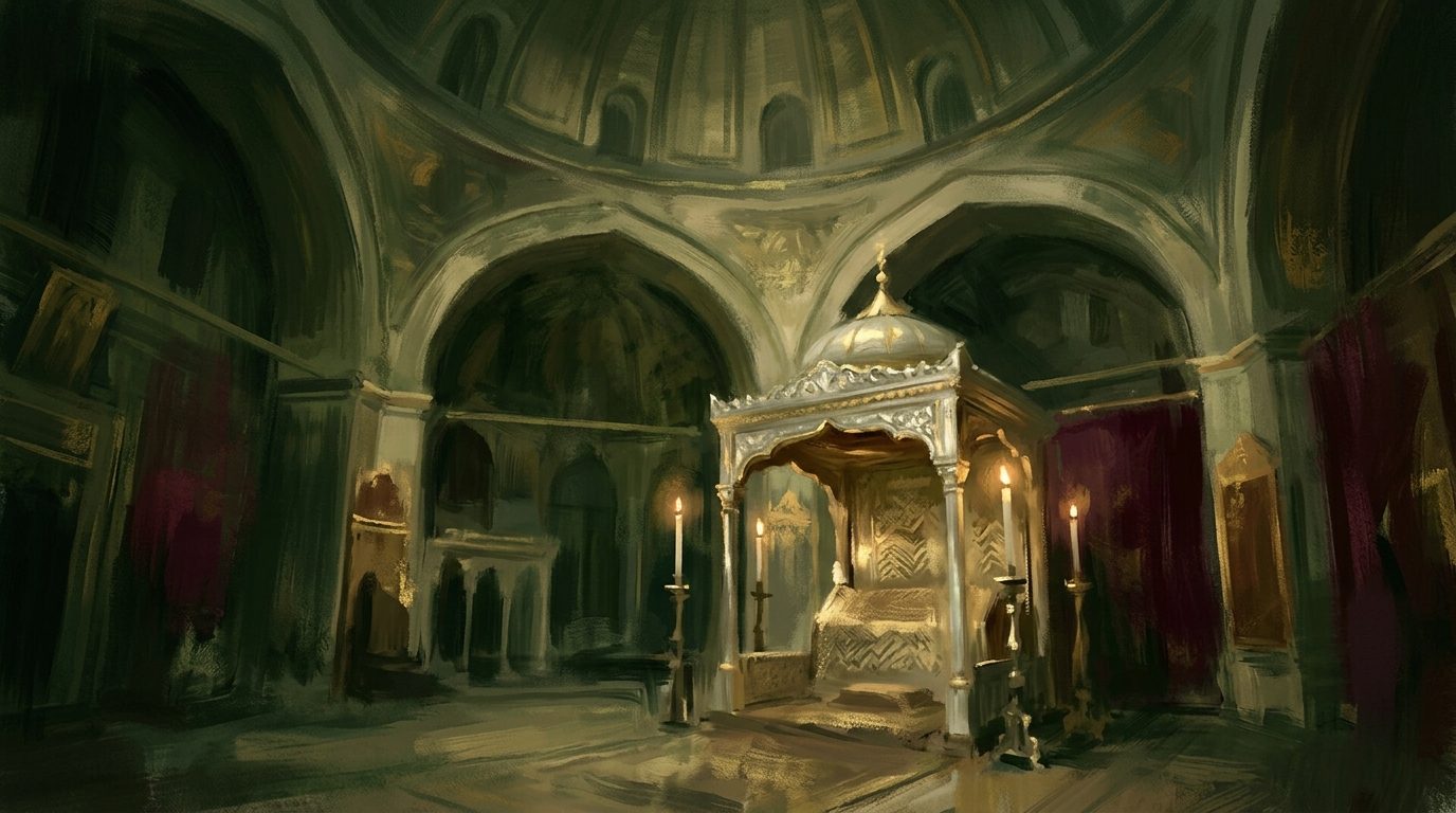 Dim green and gold light inside a domed chamber at Topkapı Palace, its tiled walls and ornate cases evoking the hushed atmosphere of the sacred relics rooms.