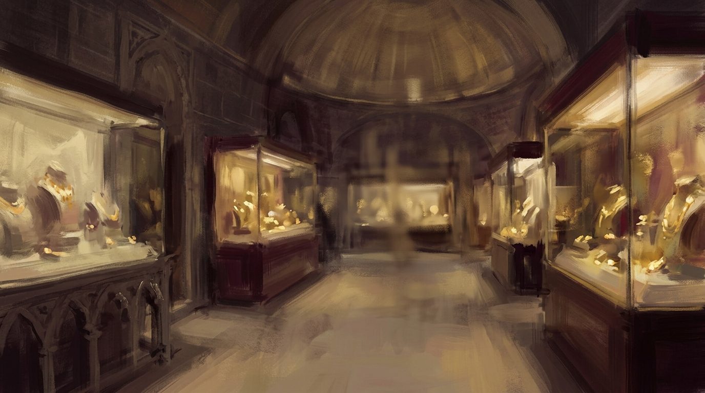 An impressionistic golden glow of jewelled objects shimmering in the darkness of a domed treasury hall at Topkapı Palace.